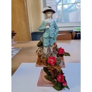 Vintage Bisque Colonial Man Holding Flower Standing on Floral Pedestal